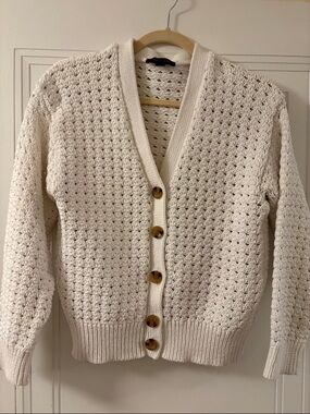 Ann Taylor Cream Open-Knit Button Cardigan